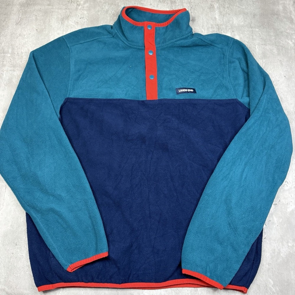 Lands' End Sweatshirt Men's L Fleece Snap Blue Teal Colorblock Jacket Pullover